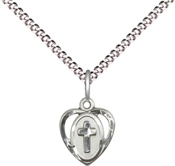 [5411CSS/18S] Sterling Silver Heart Cross Pendant with a Crystal bead on a 18 inch Light Rhodium Light Curb chain