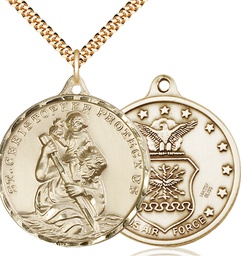 [0203GF1/24G] 14kt Gold Filled Saint Christopher Air Force Pendant on a 24 inch Gold Plate Heavy Curb chain