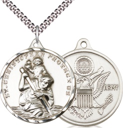 [0203SS2/24S] Sterling Silver Saint Christopher Army Pendant on a 24 inch Light Rhodium Heavy Curb chain