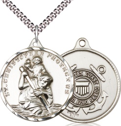 [0203SS3/24S] Sterling Silver Saint Christopher Coast Guard Pendant on a 24 inch Light Rhodium Heavy Curb chain